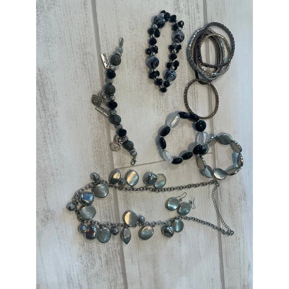 *Vintage costume, jewelry lot, bracelets, necklace, earrings, black white silver